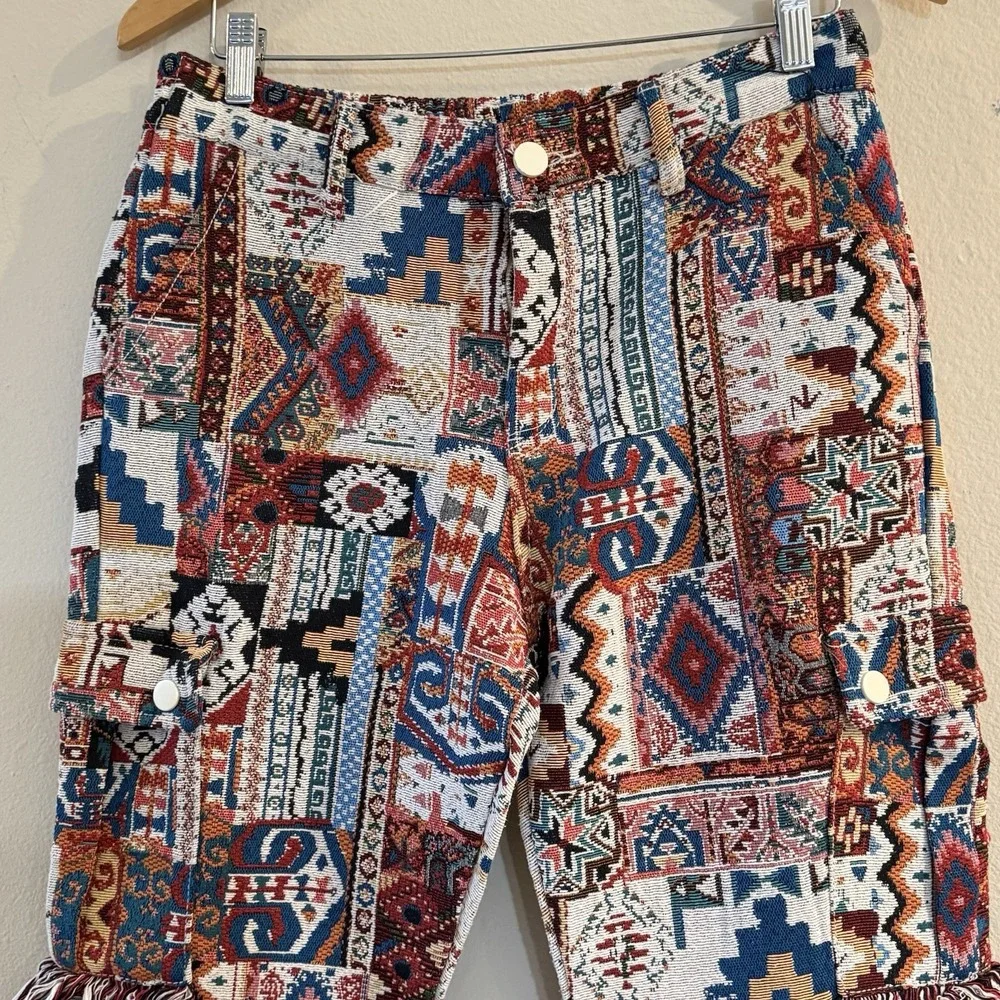 Tapestry Rug Pants Mens 32 Fringe Flare Boho Maximalist Festival Statement